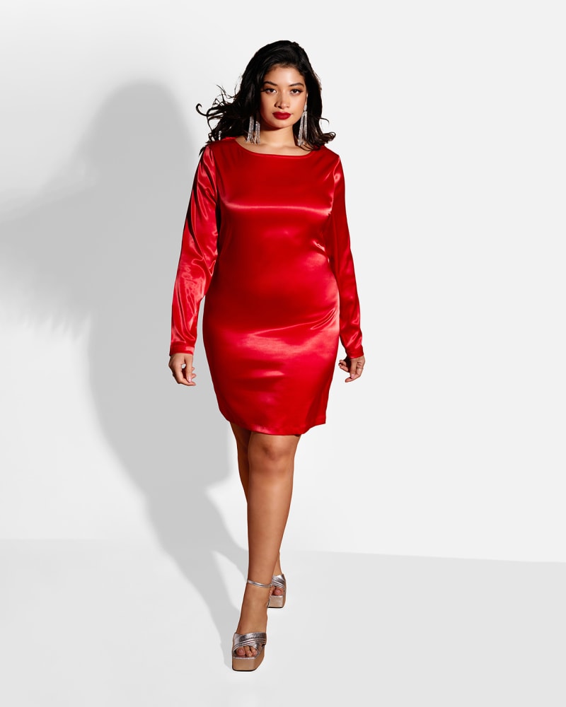 Front of a model wearing a size 3X Nora Satin Open Back Mini Bodycon Dress in Red by Rebdolls. | dia_product_style_image_id:324462